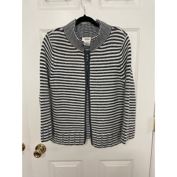 Talbots Striped Wool (Merino, Lambs Wool) Angora Cardigan| Dk Grey Off White | L - Picture 1 of 3